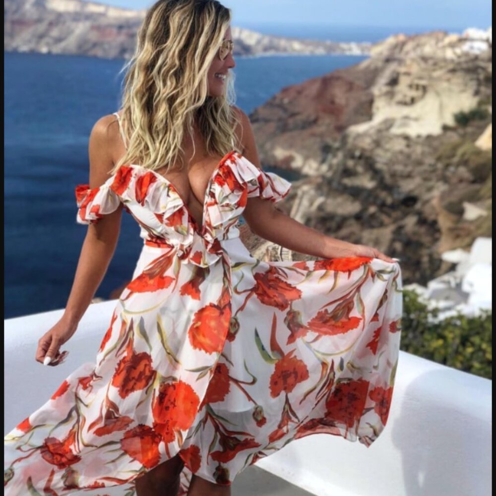 New Luxxel Tropical White Red Floral Maxi Dress Hi Low Ruffle Dress, sz Small
